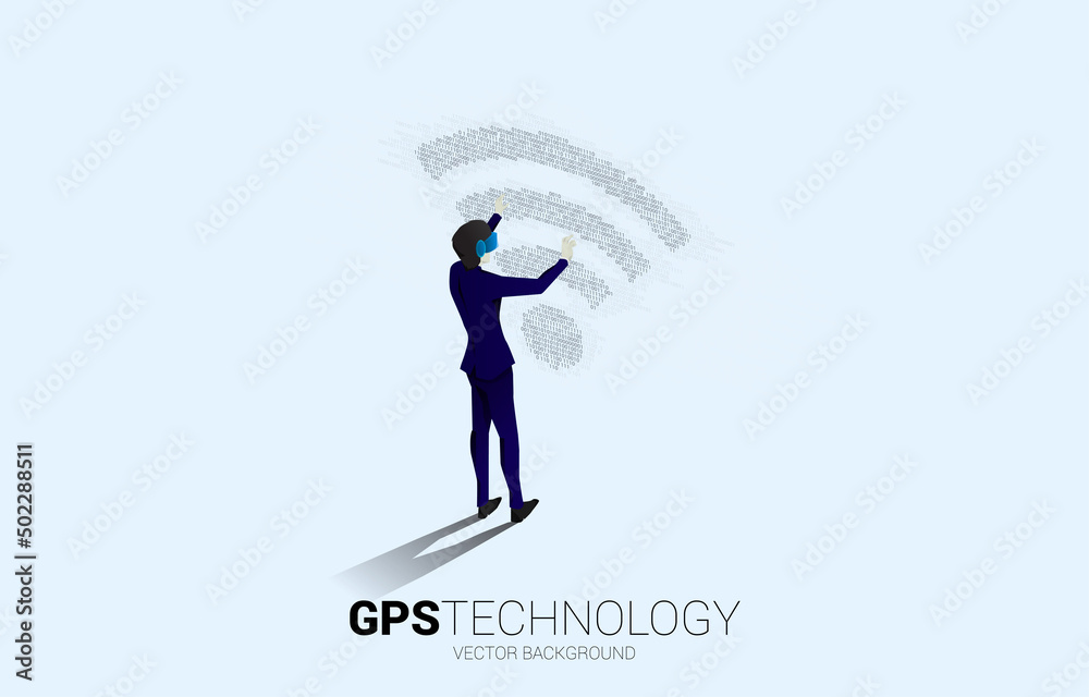 Poster Silhouette businessman wear VR glasses with wi-fi mobile data icon with one and zero binary code matrix. Concept for data transfer of mobile and wi-fi data network.