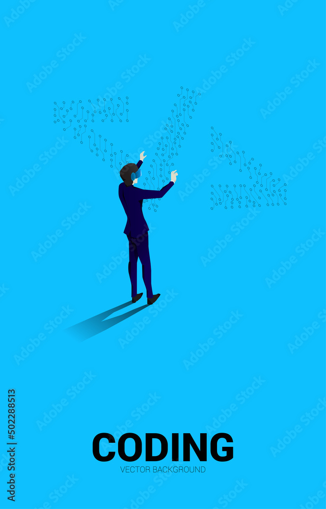 Poster Silhouette man wear VR glasses and dot connect line circuit board style software development programming tag icon. Concept for Programming language technology and coding.