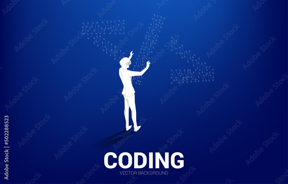 Fototapete Silhouette man wear VR glasses and dot connect line circuit board style software development programming tag icon. Concept for Programming language technology and coding.