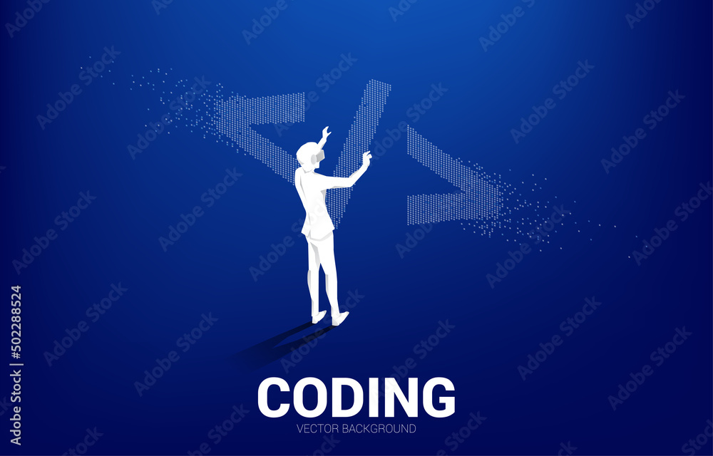 Poster Silhouette man wear VR glasses software development programming tag with pixel style. Concept of digital virtual reality technology and AR .