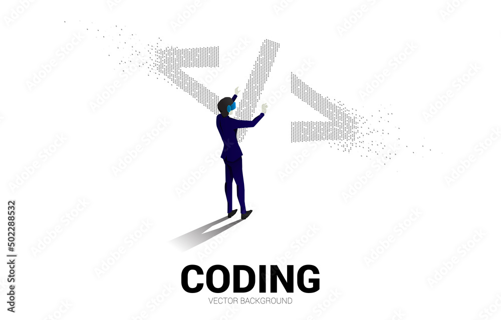 Poster Silhouette man wear VR glasses software development programming tag with pixel style. Concept of digital virtual reality technology and AR .