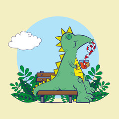 Dinosaur drinking orange juice on a park bench surrounded by leaves with a blue circle and a cloud as background