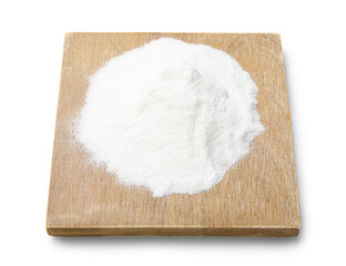 Wooden board of baking soda on white background