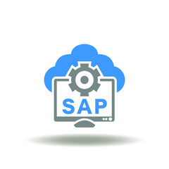 Vector illustration of cloud and computer monitor with gear and SAP abbreviation. Symbol of SAP Software of business process automation and management. Sign of ERP Enterprise Resources Planning. - obrazy, fototapety, plakaty