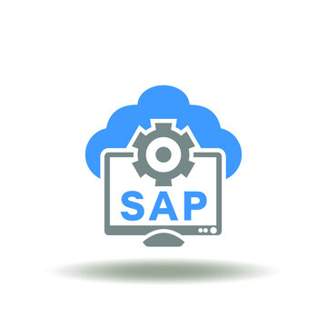 Vector illustration of cloud and computer monitor with gear and SAP abbreviation. Symbol of SAP Software of business process automation and management. Sign of ERP Enterprise Resources Planning.