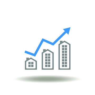 Vector illustration of houses with growth chart. Icon of real estate. Symbol of property investment graph datum analytics.