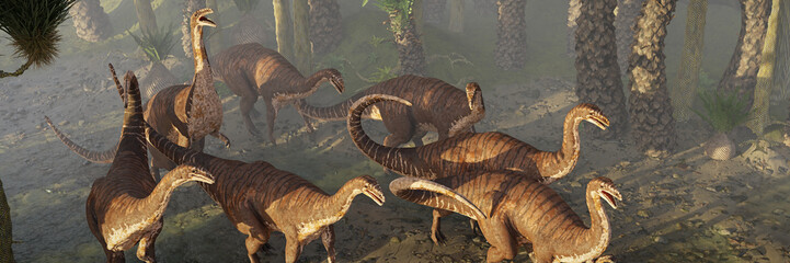 Plateosaurus herd, dinosaurs from the Late Triassic period walking in a tree fern forest  © dottedyeti