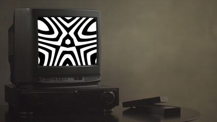 TV shows abstract pictures. TV shows a zombie video on the monitor. TV shows video hypnotizing...