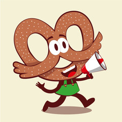 Pretzel head walking around with a megaphone in his hand