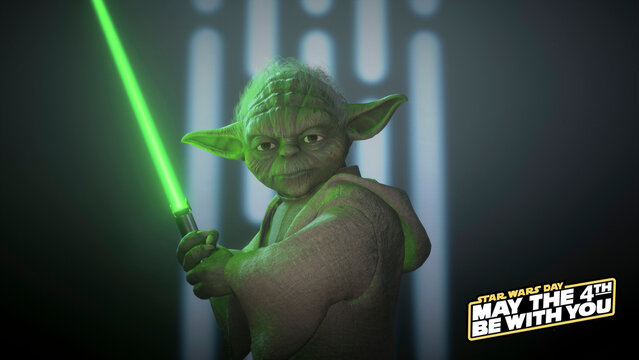 3D Master Yoda render with May the 4th be with you logo, 28 Jun, Sao Paulo, Brazil