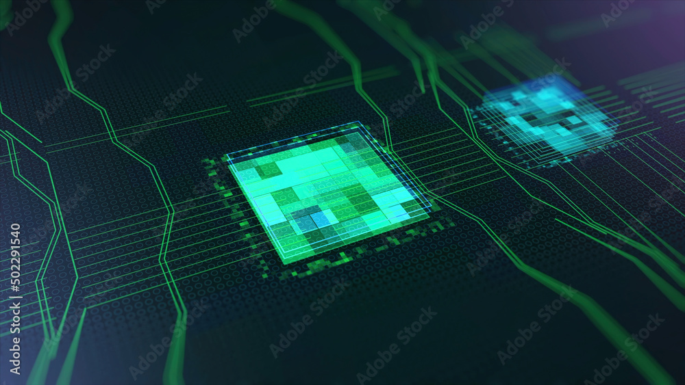 Poster processors cpu concept. animation. motherboard digital chip. abstract animation of computer central 
