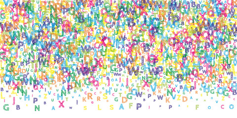 Falling letters of English language. Bright handdrawn flying words of Latin alphabet. Foreign languages study concept. Dazzling back to school banner on white background.