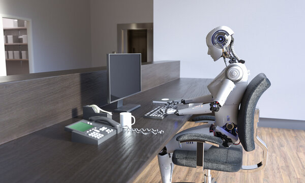 Female robot working in office, 3d render