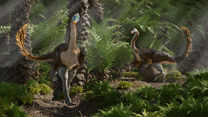 Gallimimus, feathered  dinosaur that lived during the Late Cretaceous period in a tree fern forest © dottedyeti