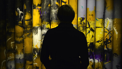 Fototapeta na wymiar View from the back of man looking at the colorful paintings rotating on the rolls in the museum of Modern Art. Concept. Gallery in Saint Petersburg