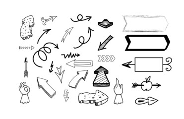 The set of arrows, pointers, cursors, indicators hand drawn in vector. Design elements in sketch style.