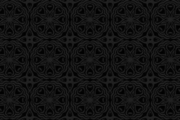 Vintage abstract embossed black background, actual cover design. Geometric 3D pattern, decorative ethnic texture for design and decor. Motives of the East, Asia, India, Mexico, Aztecs, Peru.