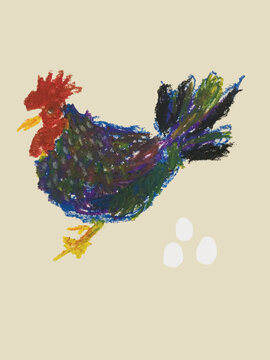 Hand drawing  colorful  crayon chicken with three eggs 