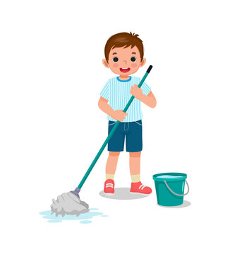 Happy little boy holding mop and bucket cleaning floor doing housework chore