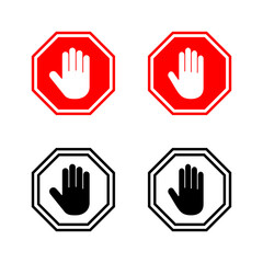 Stop icons vector. stop road sign. hand stop sign and symbol. Do not enter stop red sign with hand