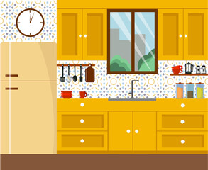 Kitchen interior illustration. Cabinets, stove, cutlery and kettle, cooking items and refrigerator. Vector illustration for presentations, flyers, brochures, prints.