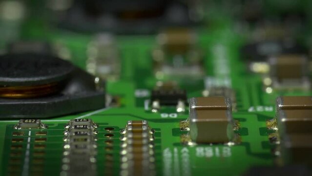 low level pass over a circuit board, shallow depth of field.