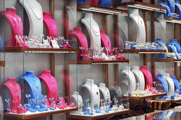 Jewelry shop in Istanbul, Turkey. Necklaces, earrings and rings