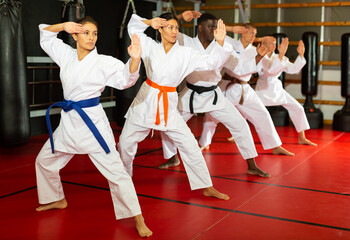 Adults in kimono trying new martial moves at karate class © JackF