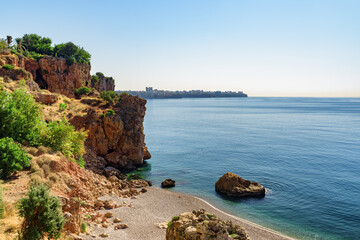 Fototapeta na wymiar Amazing rocky shore and the Mediterranean Sea in Antalya, Turkey