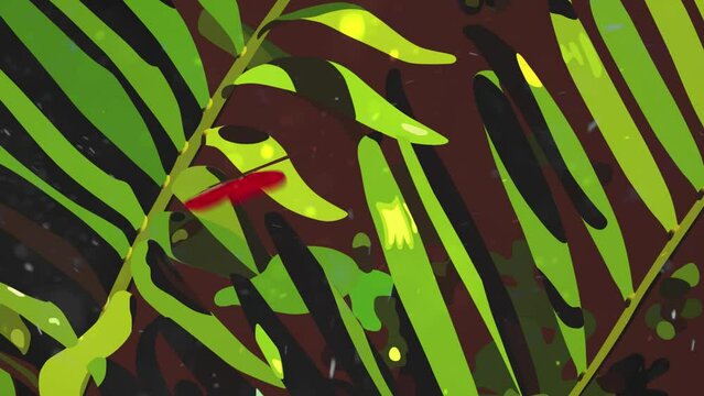 red butterfly animation on green branches foliage