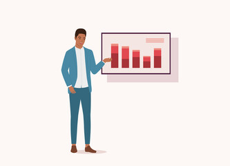 One Smiling Black Businessman In Blue Suit Presenting About Statistics With Graphs Shown On Presentation TV. Full Length, Flat Design, Character, Cartoon.
