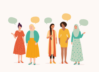 Diverse Group Of Smiling Women Talking With Each Other. Full Length. Flat Design, Character, Cartoon.