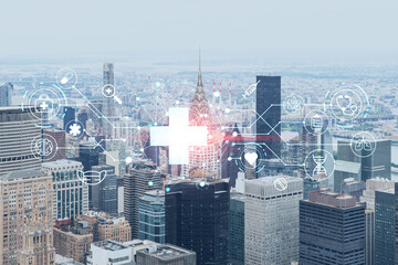 Aerial panoramic city view of Upper Manhattan, the East Side, river and Brooklyn on horizon, New York city, USA. Health care digital medicine hologram. The concept of treatment and disease prevention