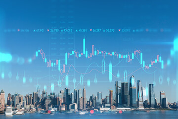 Fototapeta na wymiar New York City skyline from New Jersey over Hudson River towards the Hudson Yards at day. Manhattan, Midtown. Forex graph hologram. The concept of internet trading, brokerage and fundamental analysis