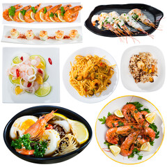 Collection of various dishes with shrimps, sauces and condiment on white background