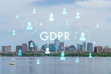 Fototapeta na wymiar Panorama skyline, city view of Boston at day time, Massachusetts. Building exteriors of financial downtown. GDPR hologram is data protection regulation and privacy for all individuals within EU Area