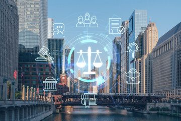 Panorama cityscape of Chicago downtown and Riverwalk, boardwalk with bridges at sunset, Illinois, USA. Glowing hologram legal icons. The concept of law, order, regulations and digital justice