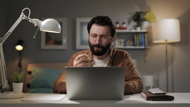 Toothache, Pain In Tooth. Bearded Man In Glasses Has Toothache After Eating Food