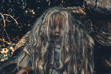 A doll that’s spooky and scary with thick blond dirty hair and outdoor dark background.