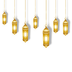 Realistic gold lanterns are isolated. Ramadan kareem salam Islami