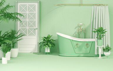 Green vintage bathtub on tropical garden background. Stylish eco interior of bathroom with plant pot and leaves. Advertisement idea. Creative composition. 3d render

