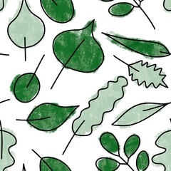 Hand drawn seamless pattern with green leaves natural leaf greenery, wild herbs fabric print design, urban jungle plant lady gift. Elegant foliage background for wallpaper textile..