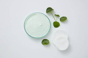 Top view of gotu kola decorated with cream and cotton pad in white background 