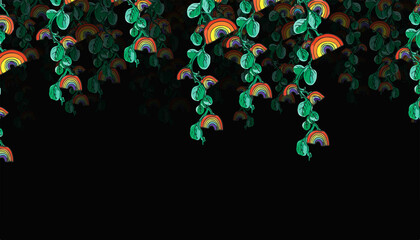 Template with rainbow and green ivy, on a dark background for your design