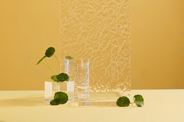 Front view of white podium with decorated with gotu kola in yellow background