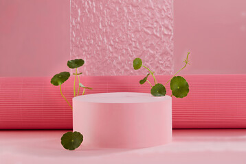 Front view of transparent podium with decorated with gotu kola in pink background