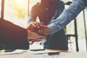 Stack of hands. Unity and teamwork concept.