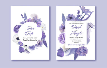 Purple floral wedding invitation card, Save the date card, vector