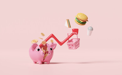3d arrow graph with dollar coins, broken piggy bank, food, shopping carts, basket isolated on pink background. high inflation, expensive, saving money, raise the price concept, 3d render illustration
