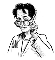 Scientist character looking over glasses. Ink black and white drawing